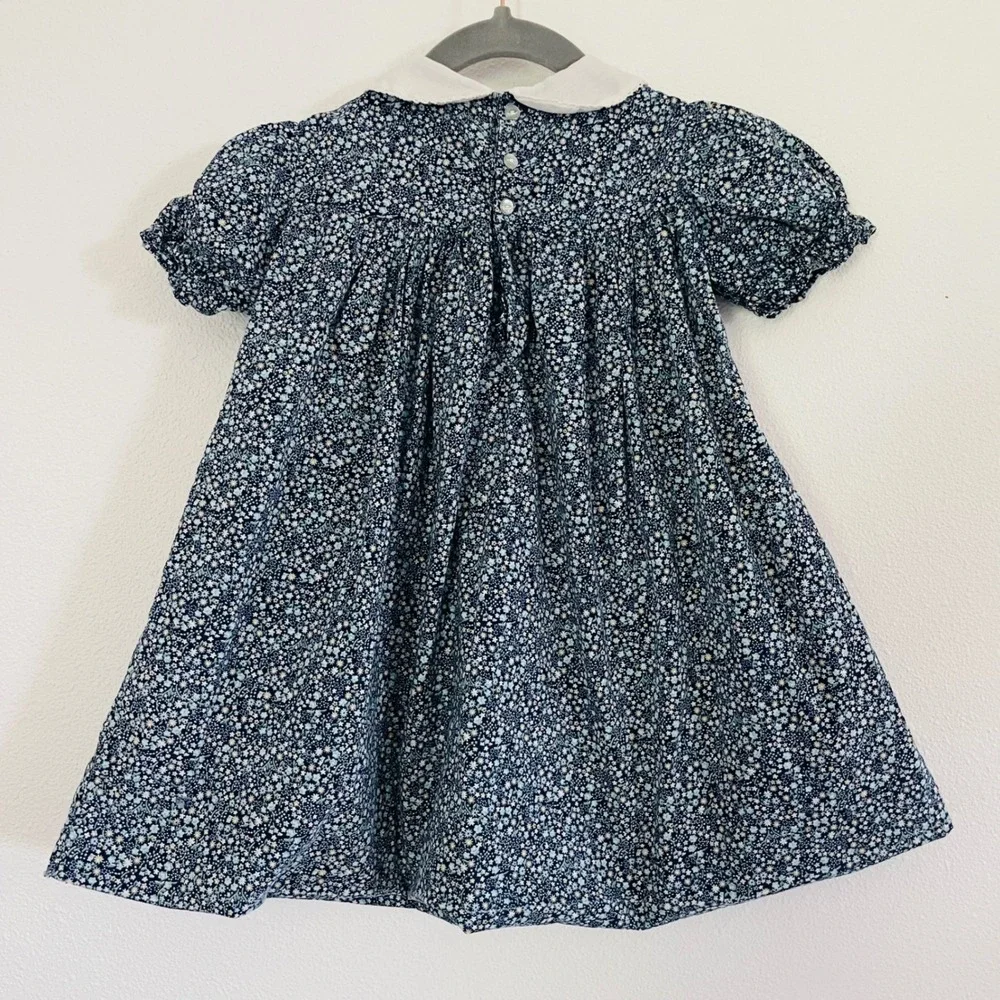 Vtg The Smockery Smocked Dress Blue Floral Embroidery Peter Pan Collar‎ Girls 4